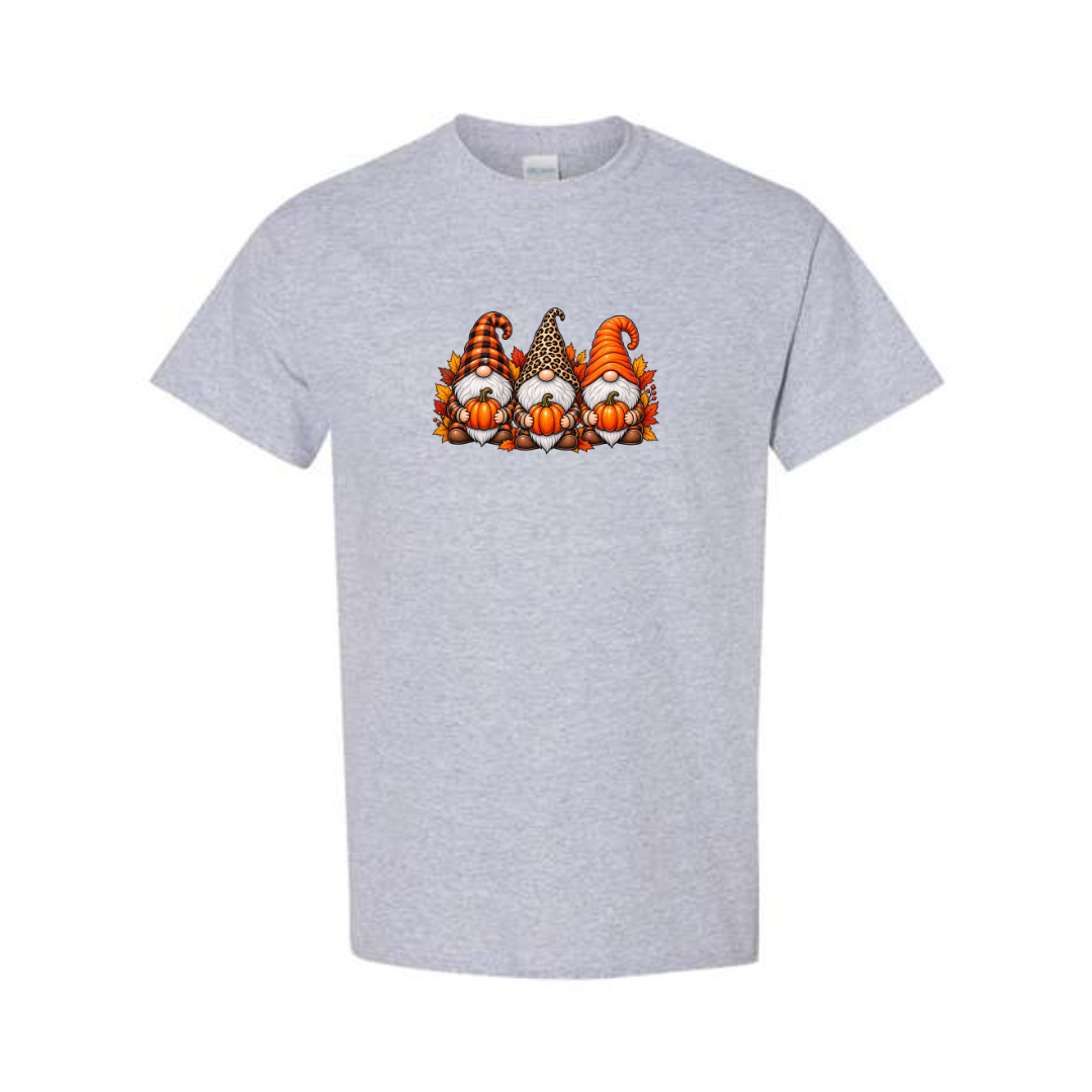 Fall Gnomes design on grey short sleeve tee