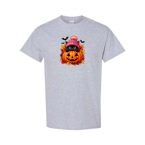Black Cat Jack-O-Lantern design on grey short sleeve tee