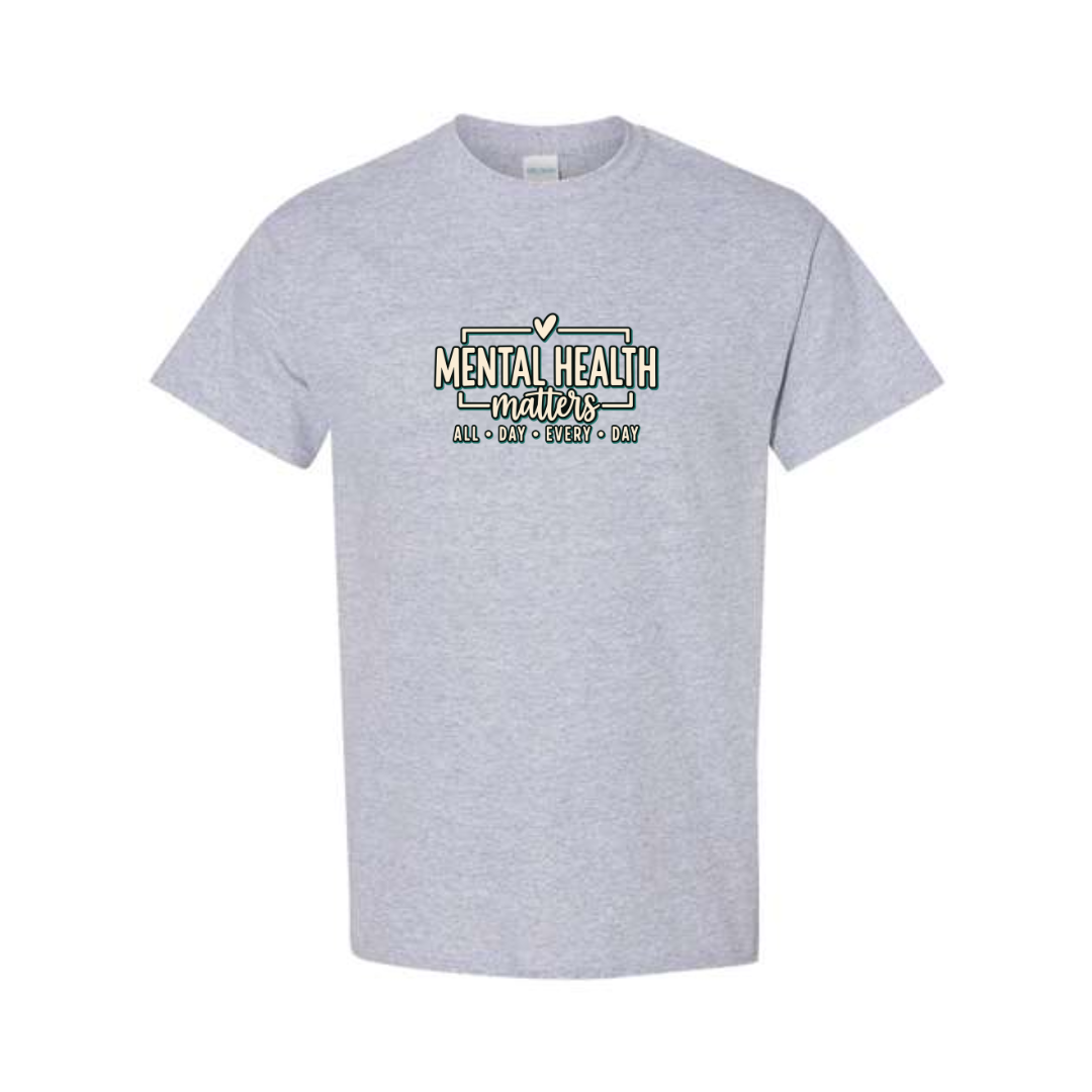 Mental Health Matters All Day Every Day design on grey short sleeve tee