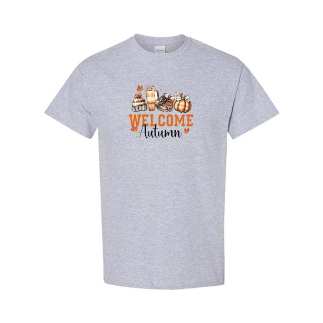 Welcome Autumn design on grey short sleeve tee