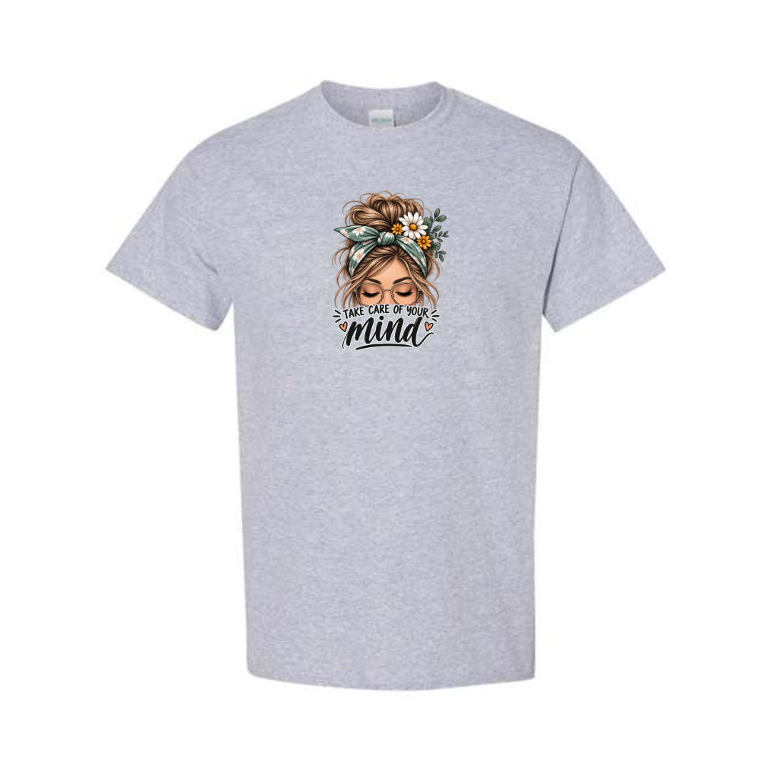 Take Care of Your Mind design on grey short sleeve tee