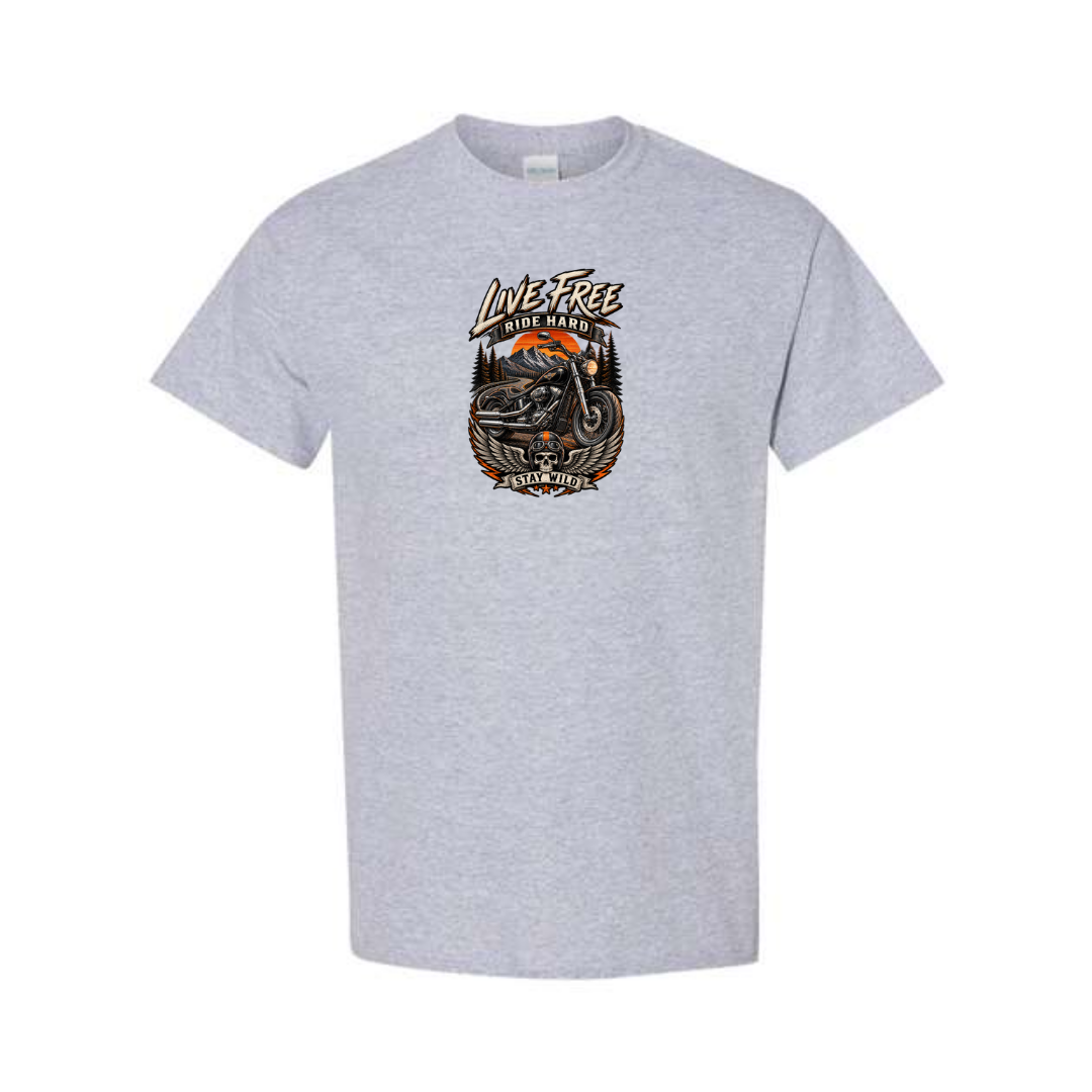 Live Free Ride Hard design on grey short sleeve tee