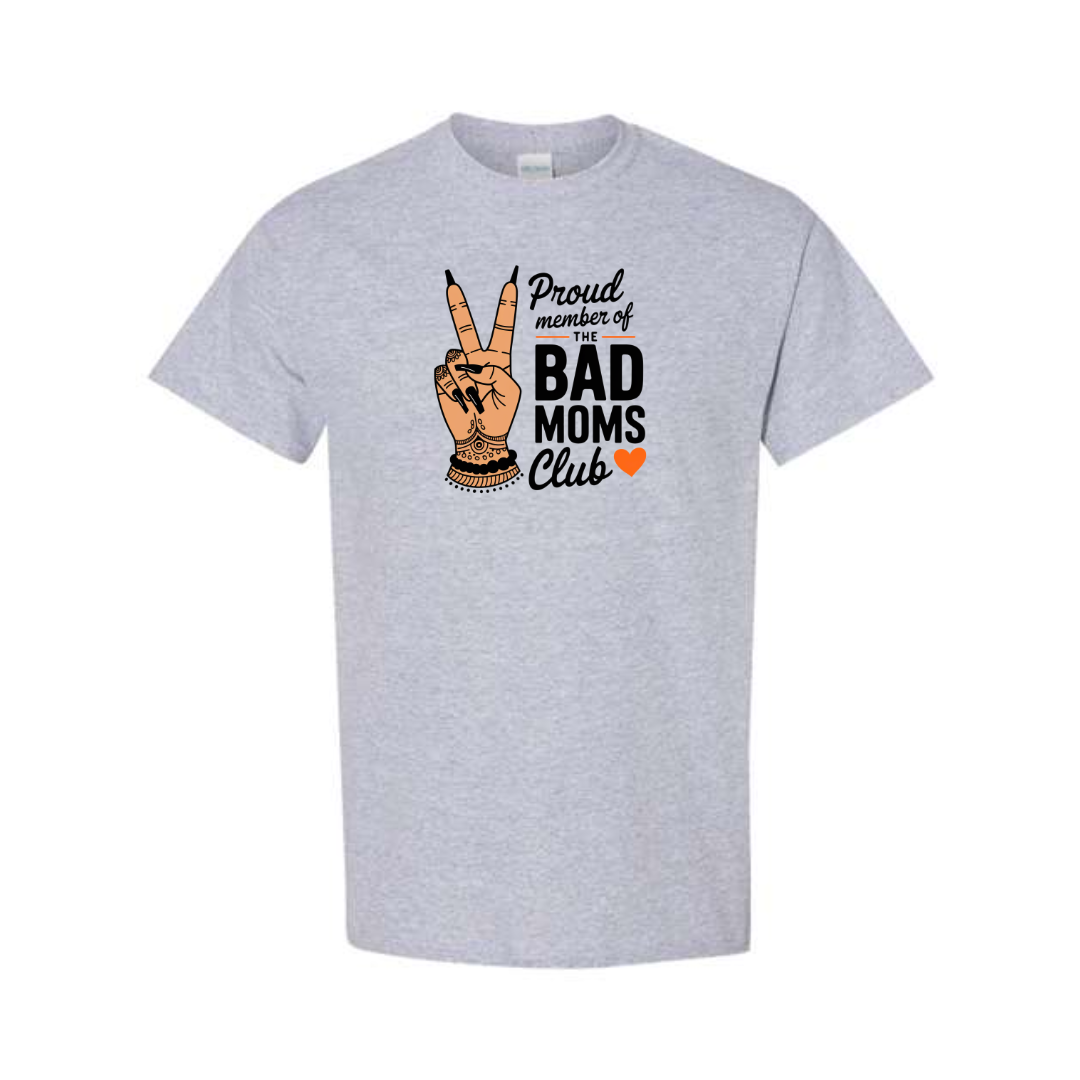 Proud Member of the Bad Moms Club design on grey short sleeve tee