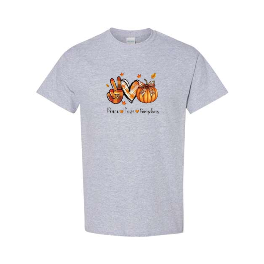 Peace Love Pumpkins design on grey short sleeve tee