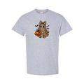 Leopard Ghost With Pumpkin Pail design on grey short sleeve tee