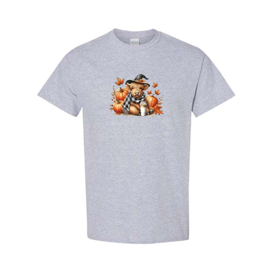 Cozy Highland Cow design on grey short sleeve tee