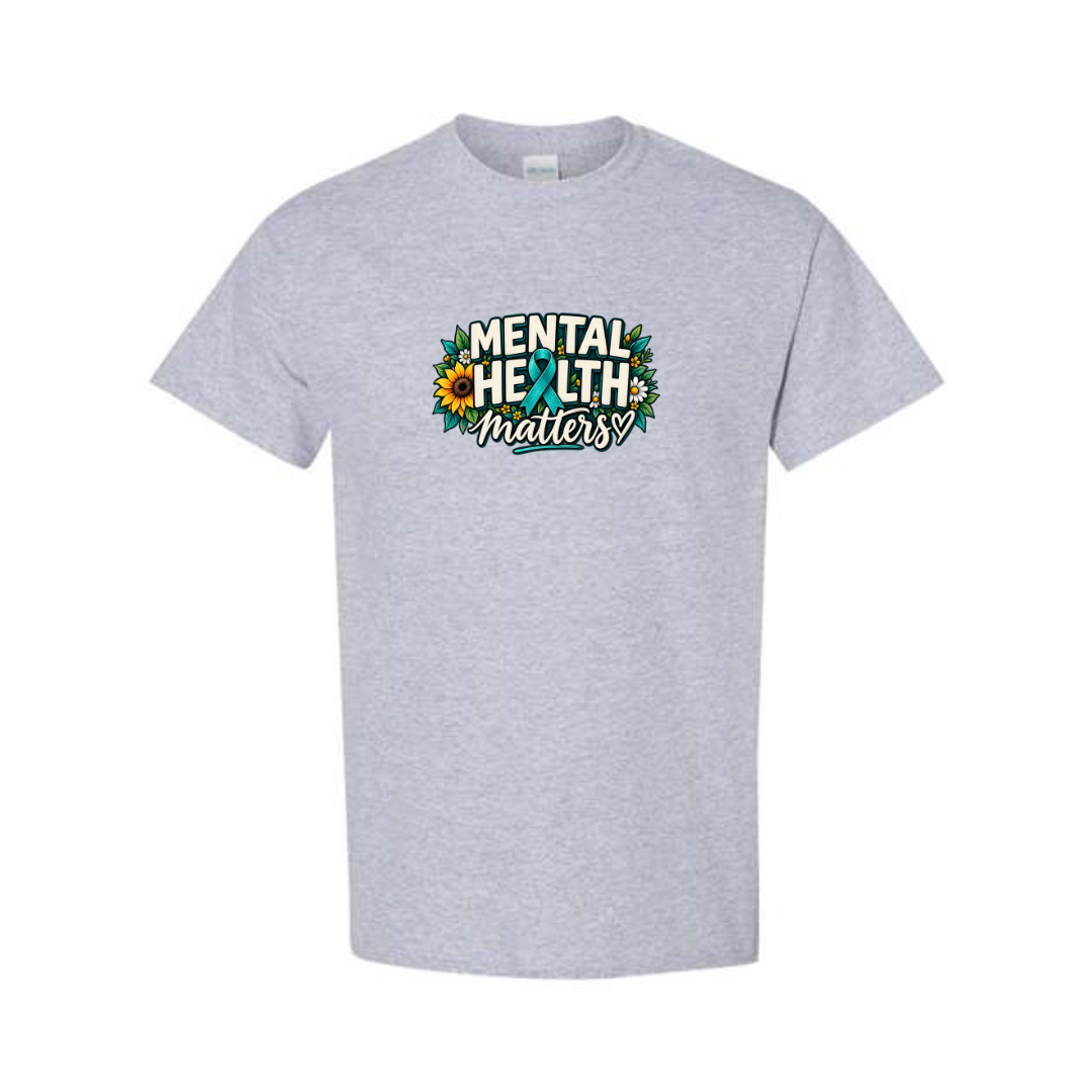 Mental Health Matters — Teal Ribbon design on grey short sleeve tee