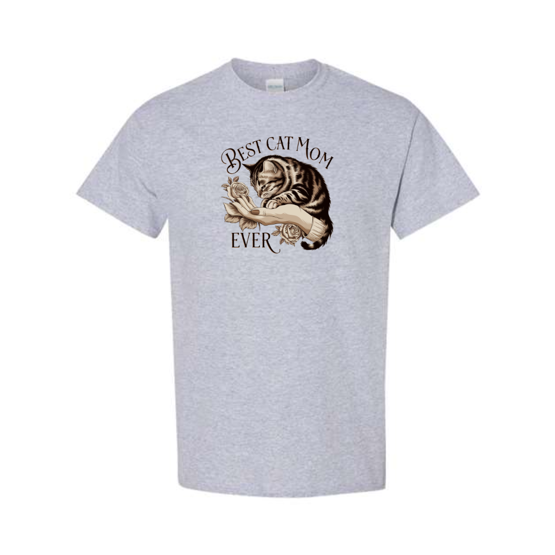 Best Cat Mom Ever design on grey short sleeve tee