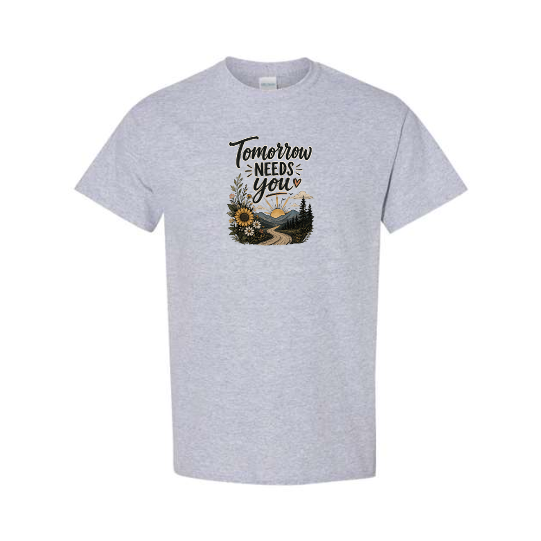 Tomorrow Needs You design on grey short sleeve tee