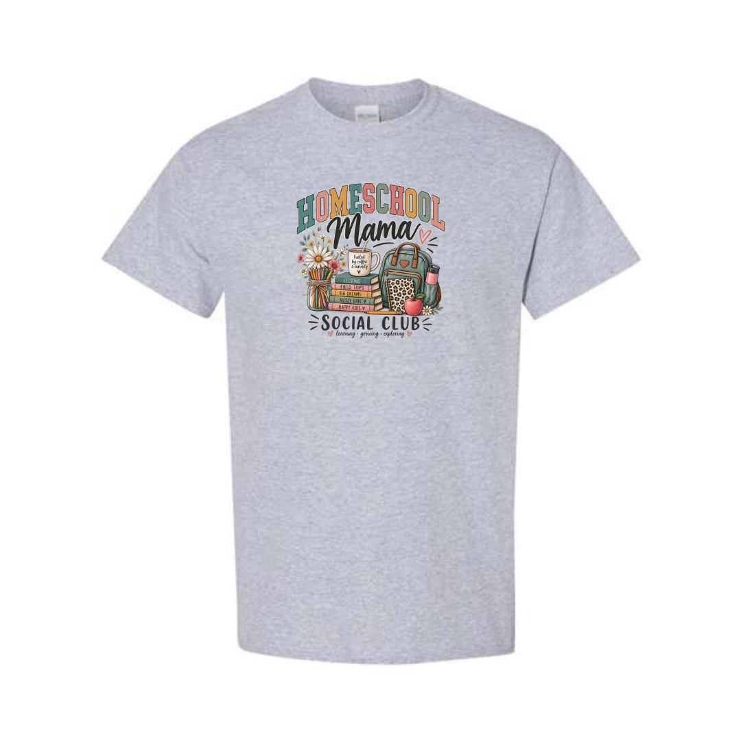 Homeschool Mama Social Club design on grey short sleeve tee