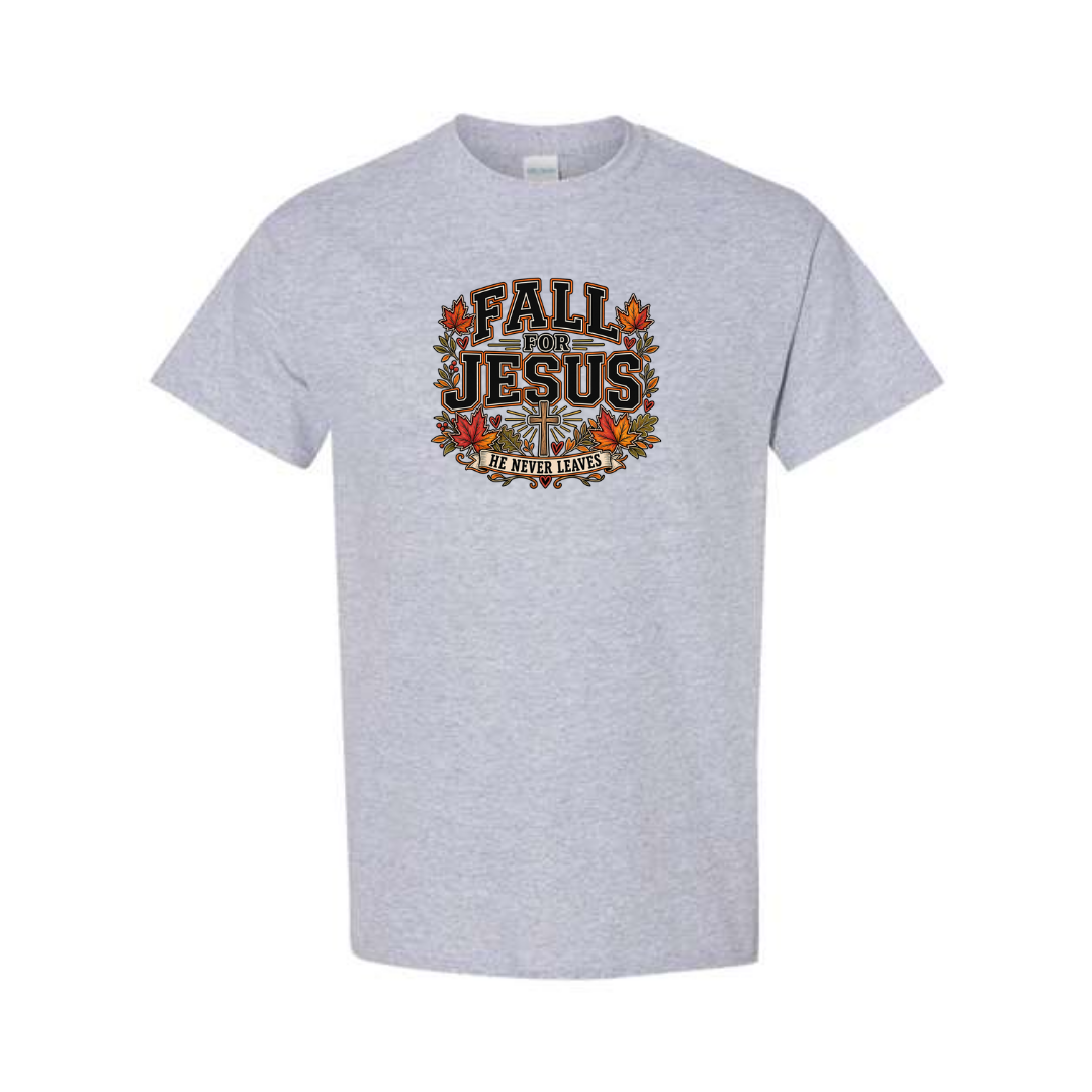 Fall For Jesus He Never Leaves — Bold design on grey short sleeve tee