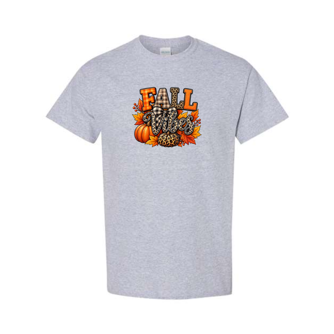 Fall Vibes design on grey short sleeve tee
