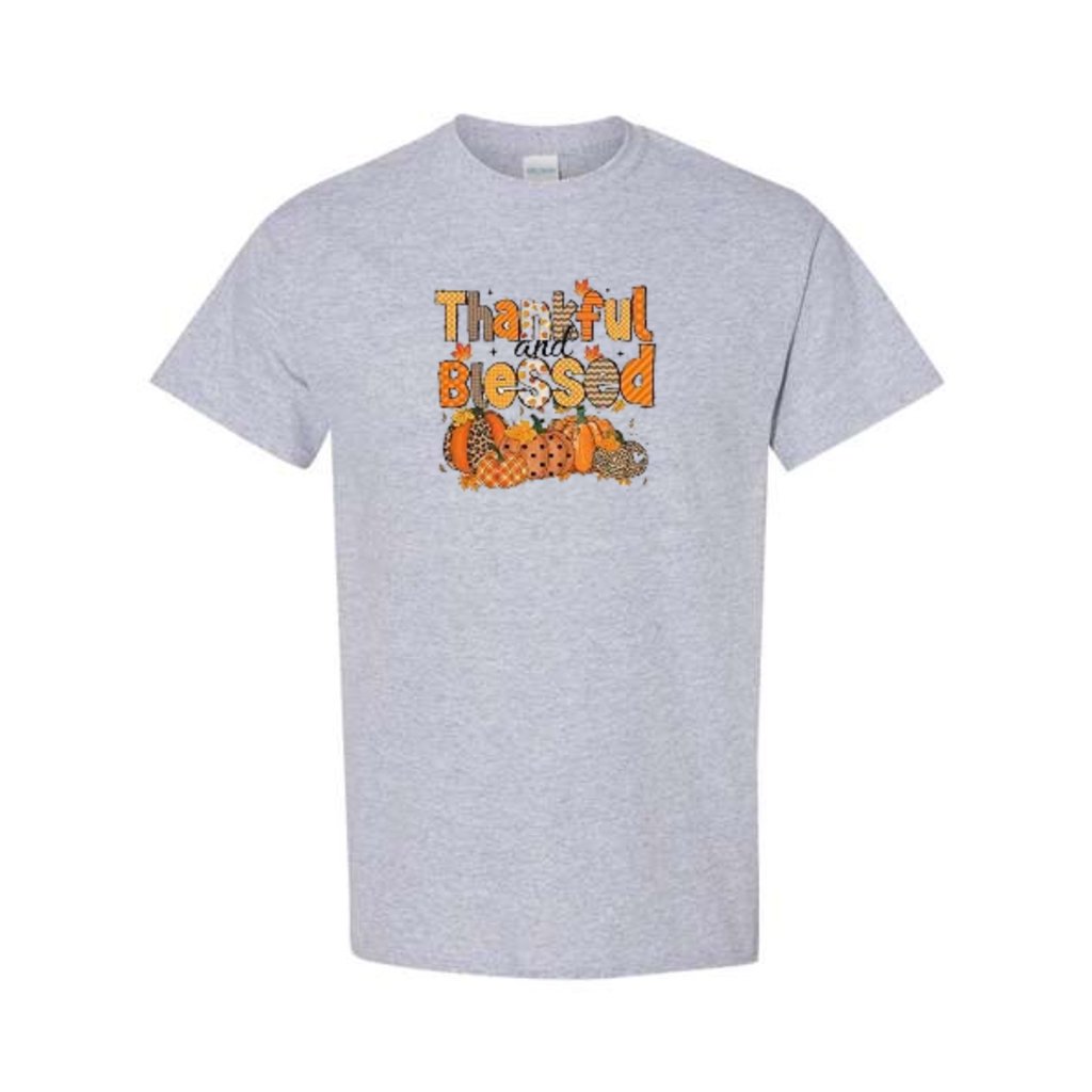 Thankful And Blessed design on grey short sleeve tee