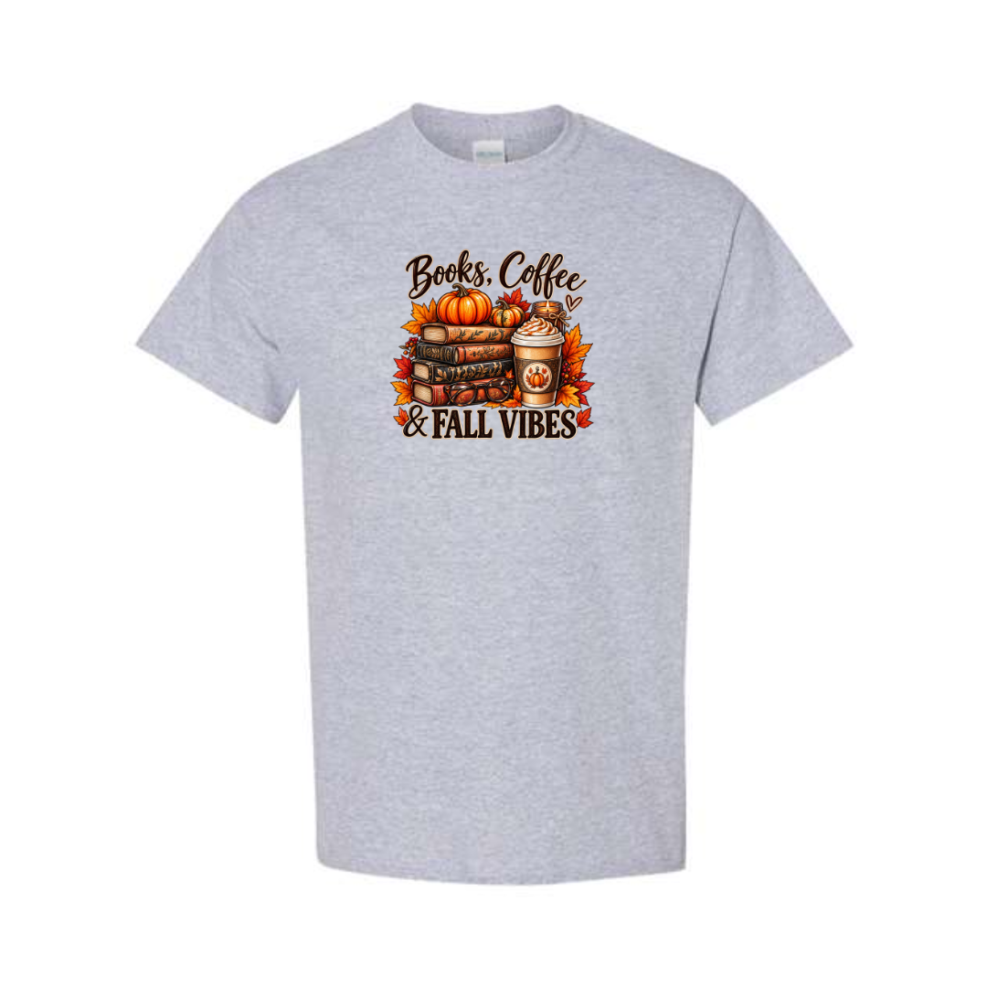 Books Coffee & Fall Vibes design on grey short sleeve tee