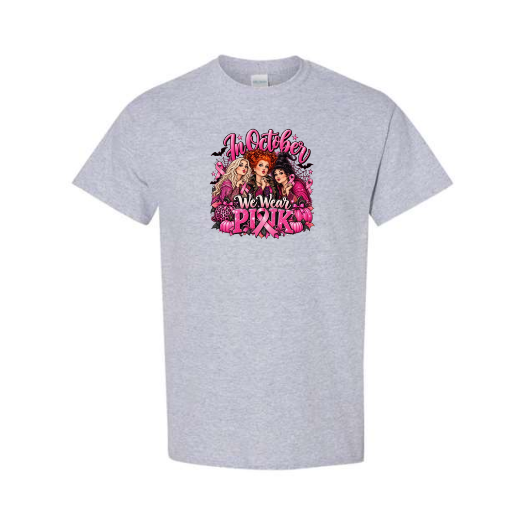 In October We Wear Pink — Witch Trio design on grey short sleeve tee