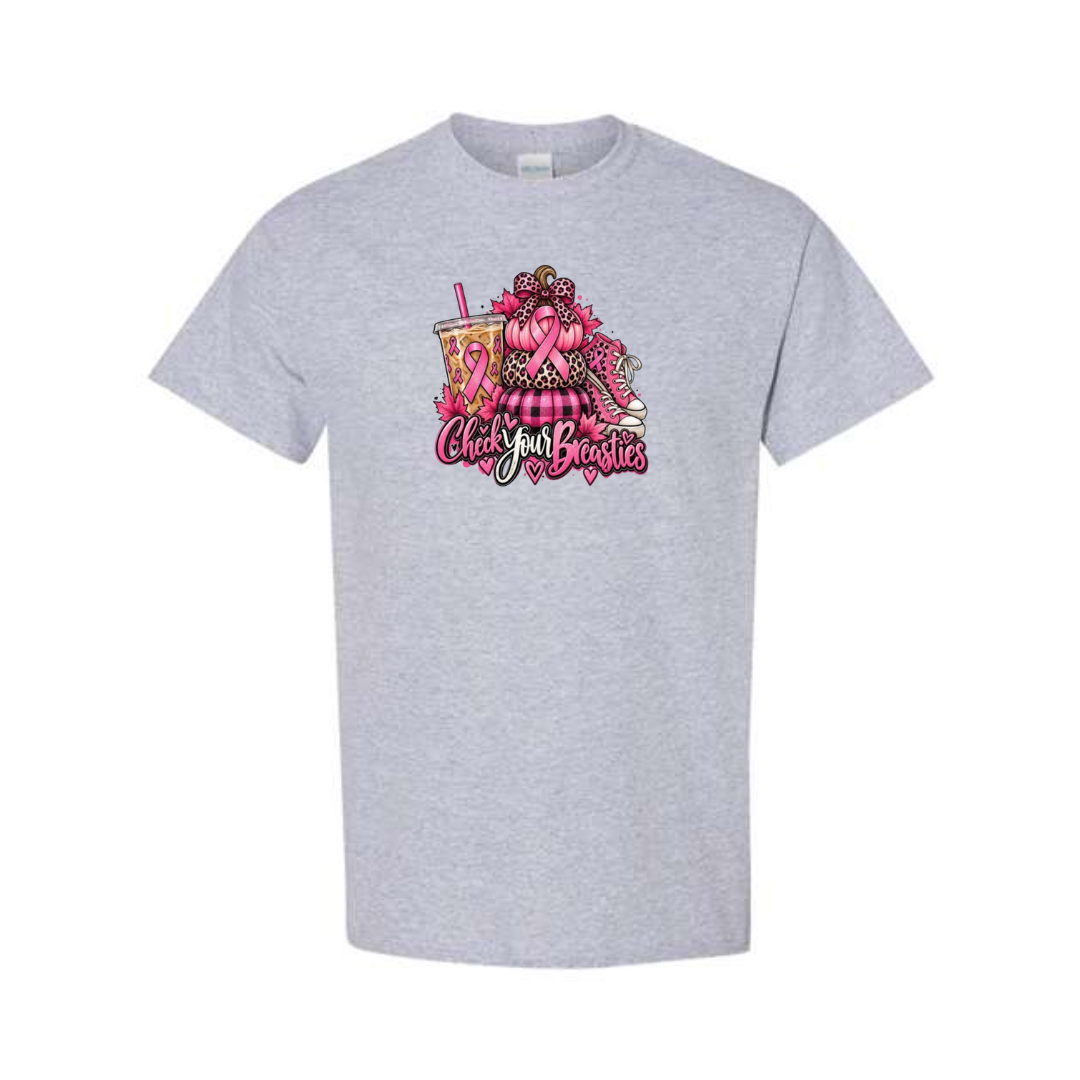 Check Your Breasties design on grey short sleeve tee