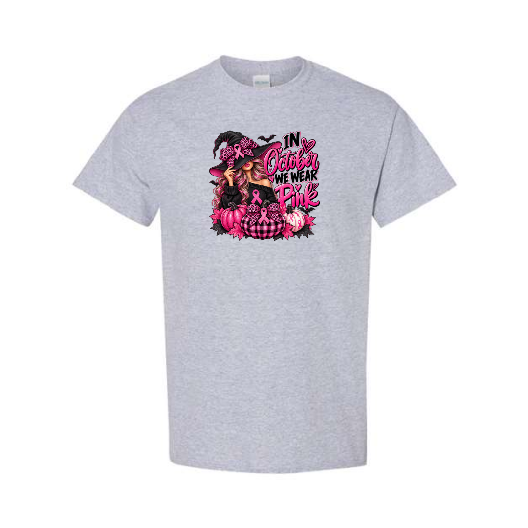 In October We Wear Pink — Witch Hat design on grey short sleeve tee