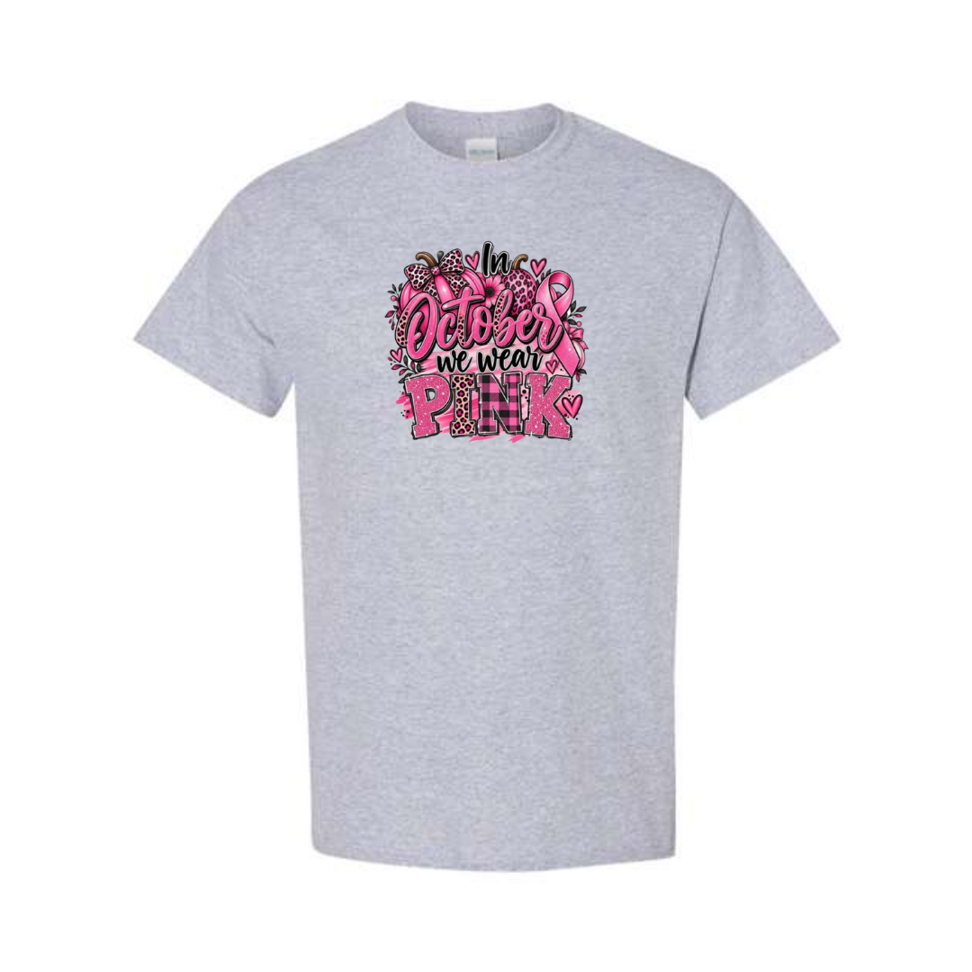 In October We Wear Pink — Leopard & Plaid design on grey short sleeve tee