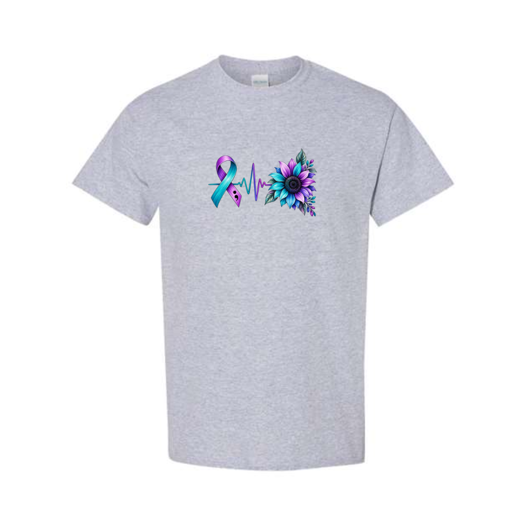 Suicide Prevention Ribbon Sunflower design on grey short sleeve tee