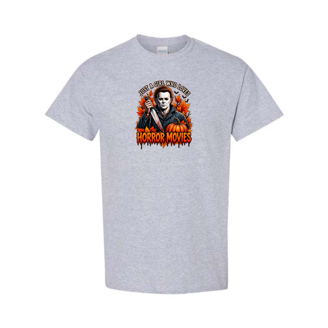 Just A Girl Who Loves Horror Movies design on grey short sleeve tee