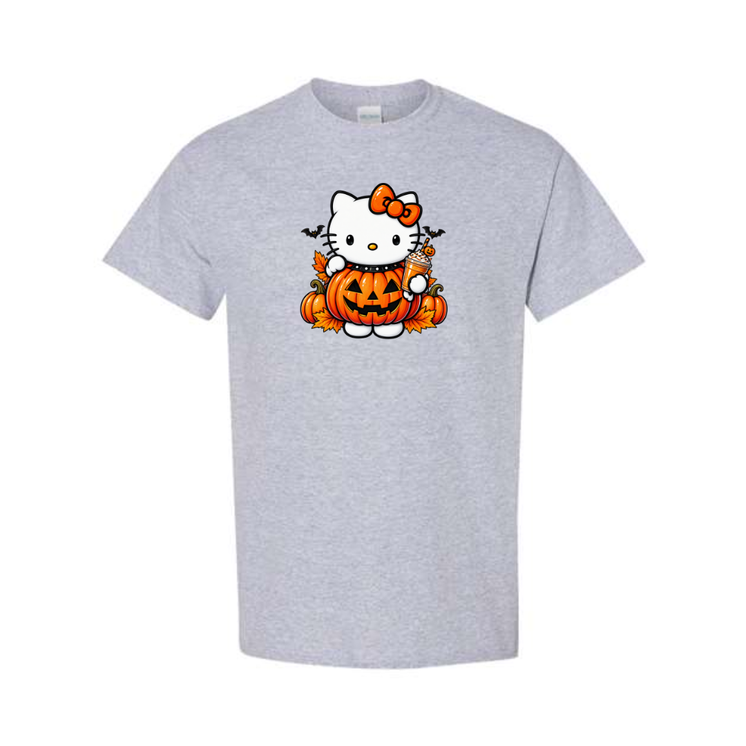 Kitty Pumpkin Latte design on grey short sleeve tee