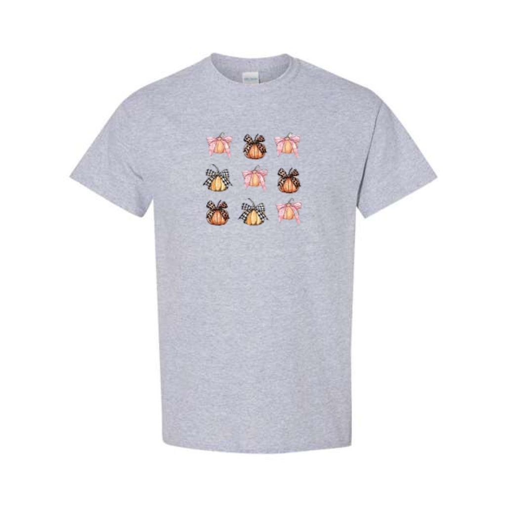 Coquette Pumpkin Bows design on grey short sleeve tee