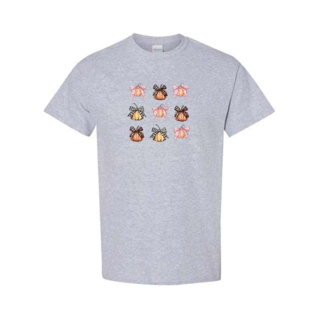Coquette Pumpkin Bows design on grey short sleeve tee
