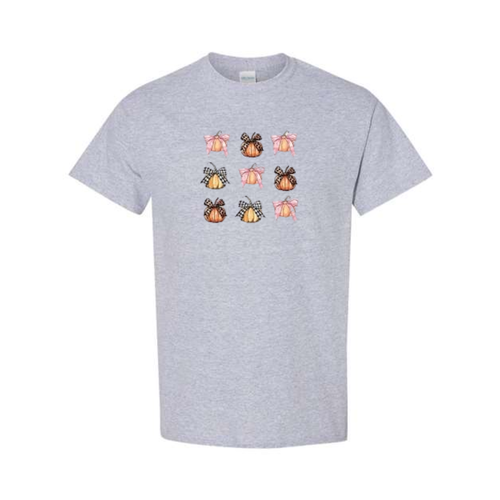 Coquette Pumpkin Bows design on grey short sleeve tee