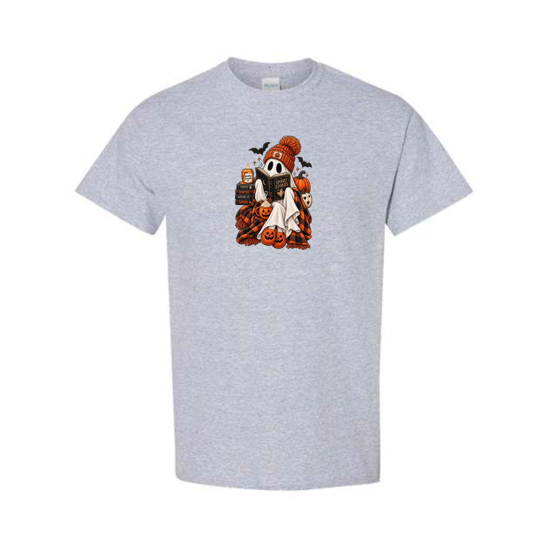 Spooky Stories design on grey short sleeve tee