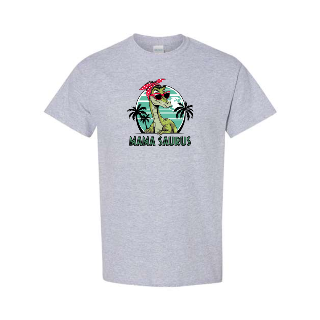 Mama Saurus design on grey short sleeve tee