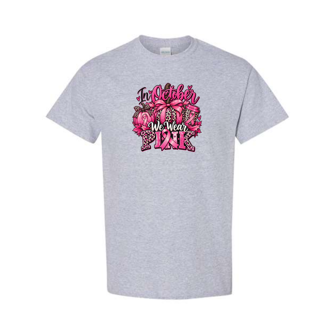 In October We Wear Pink — Pumpkins design on grey short sleeve tee