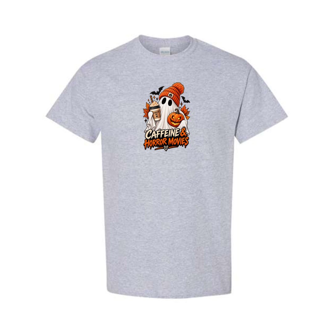 Caffeine & Horror Movies design on grey short sleeve tee