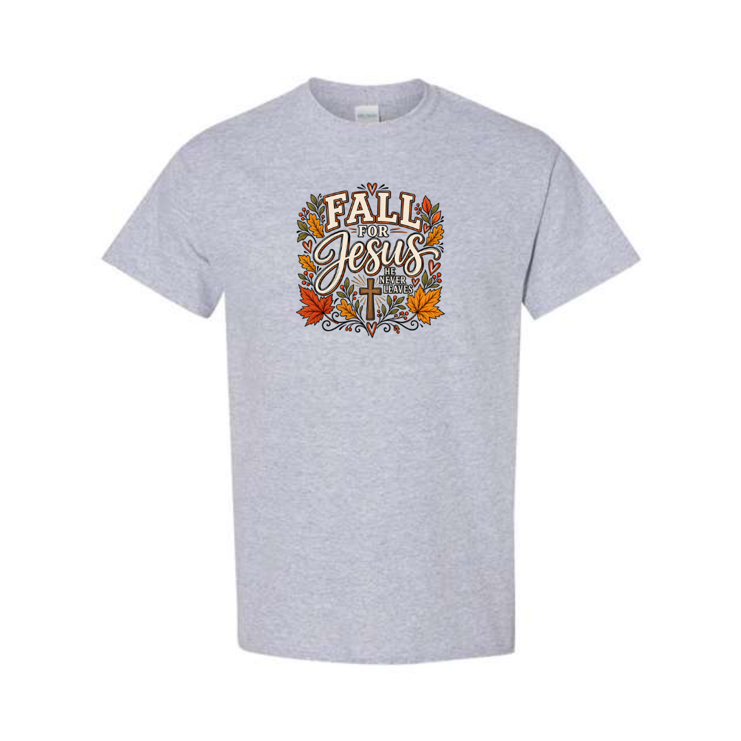 Fall For Jesus He Never Leaves — Autumn Leaves design on grey short sleeve tee