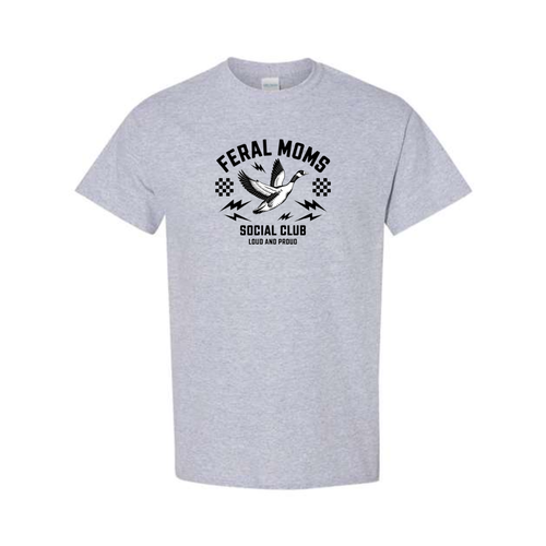 Feral Moms Social Club design on grey short sleeve tee