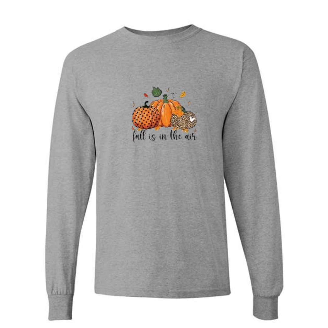 Fall Is In The Air design on grey long sleeve tee