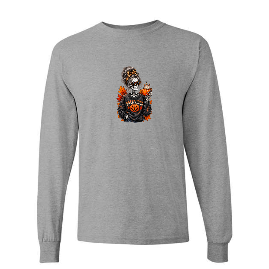 Fall Vibes Skeleton design on grey long sleeve tee