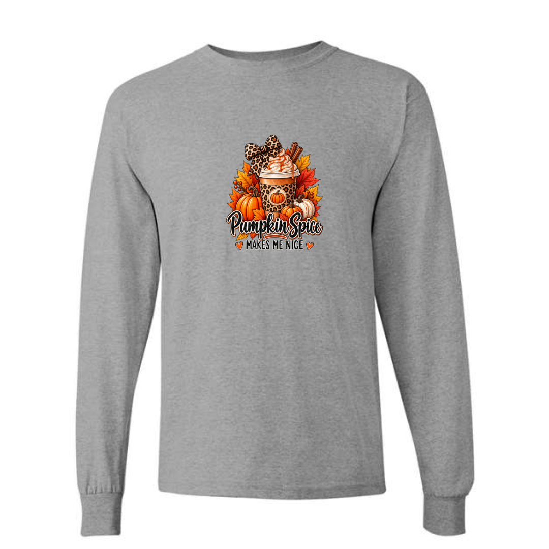 Pumpkin Spice Makes Me Nice design on grey long sleeve tee