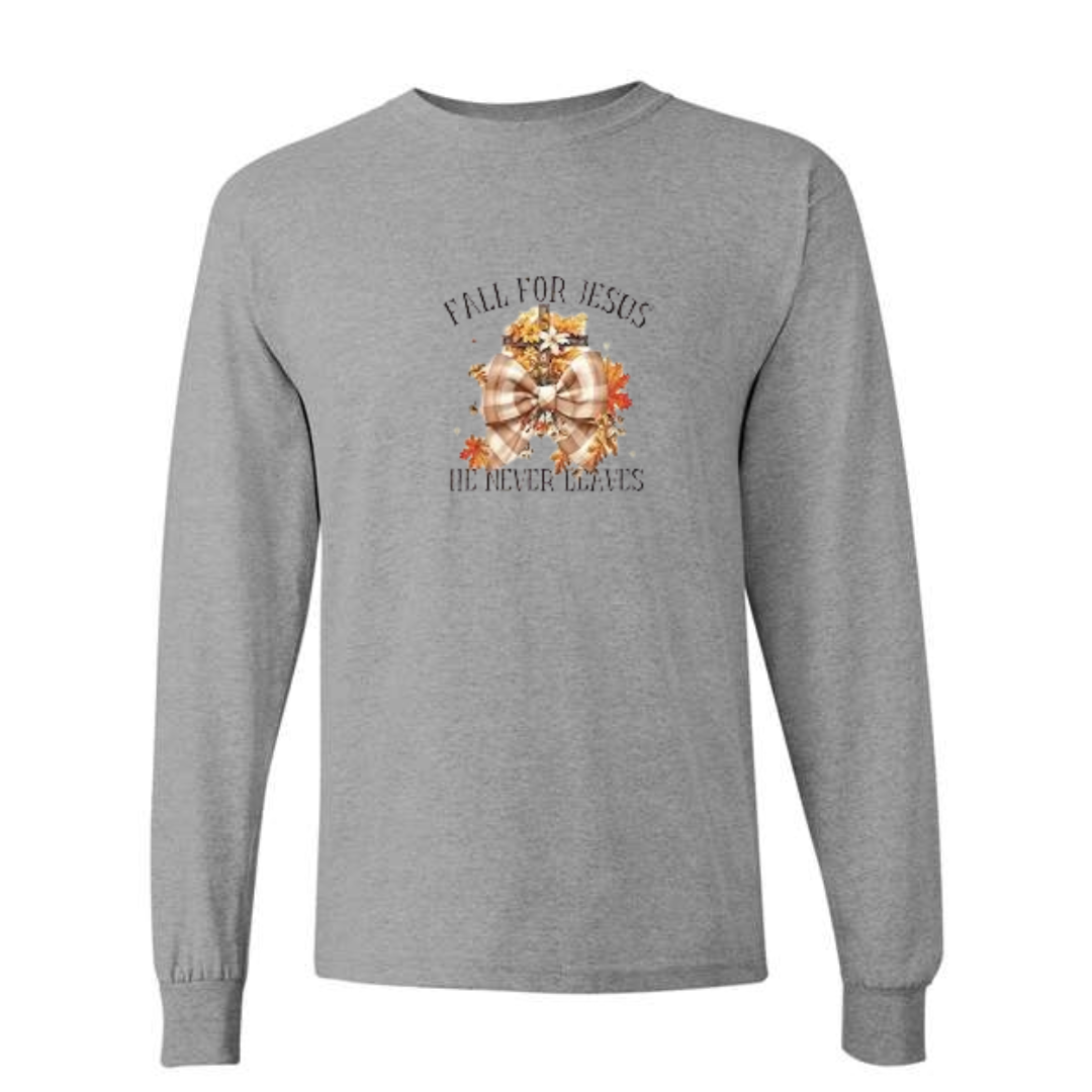 Fall For Jesus He Never Leaves design on grey long sleeve tee