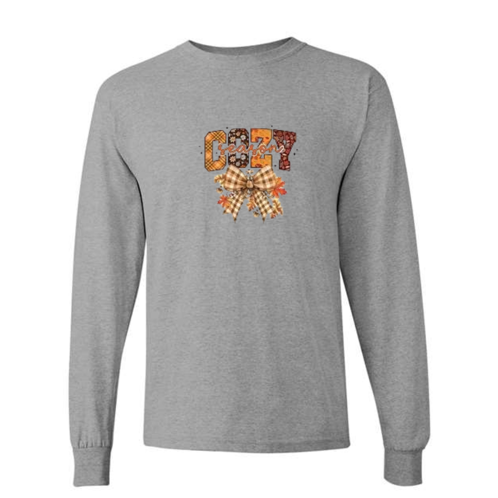 Cozy Season design on grey long sleeve tee