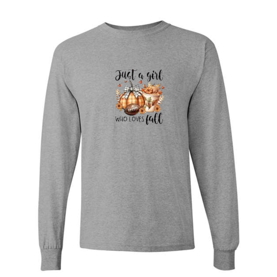 Just A Girl Who Loves Fall design on grey long sleeve tee