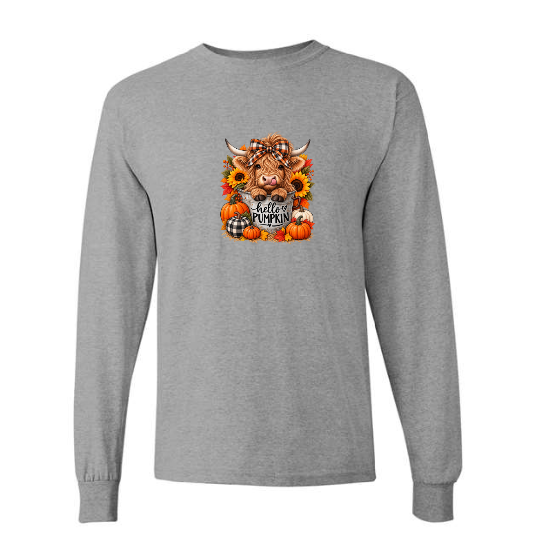 Hello Pumpkin Highland Cow design on grey long sleeve tee