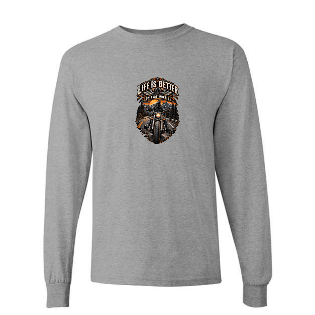 Life Is Better On Two Wheels design on grey long sleeve tee