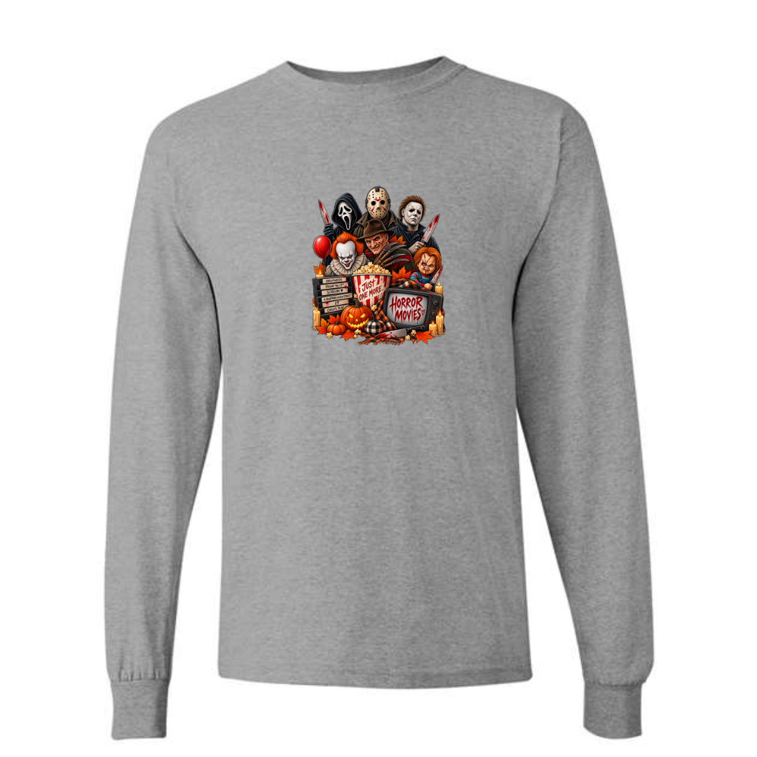 Just One More Horror Movie design on grey long sleeve tee