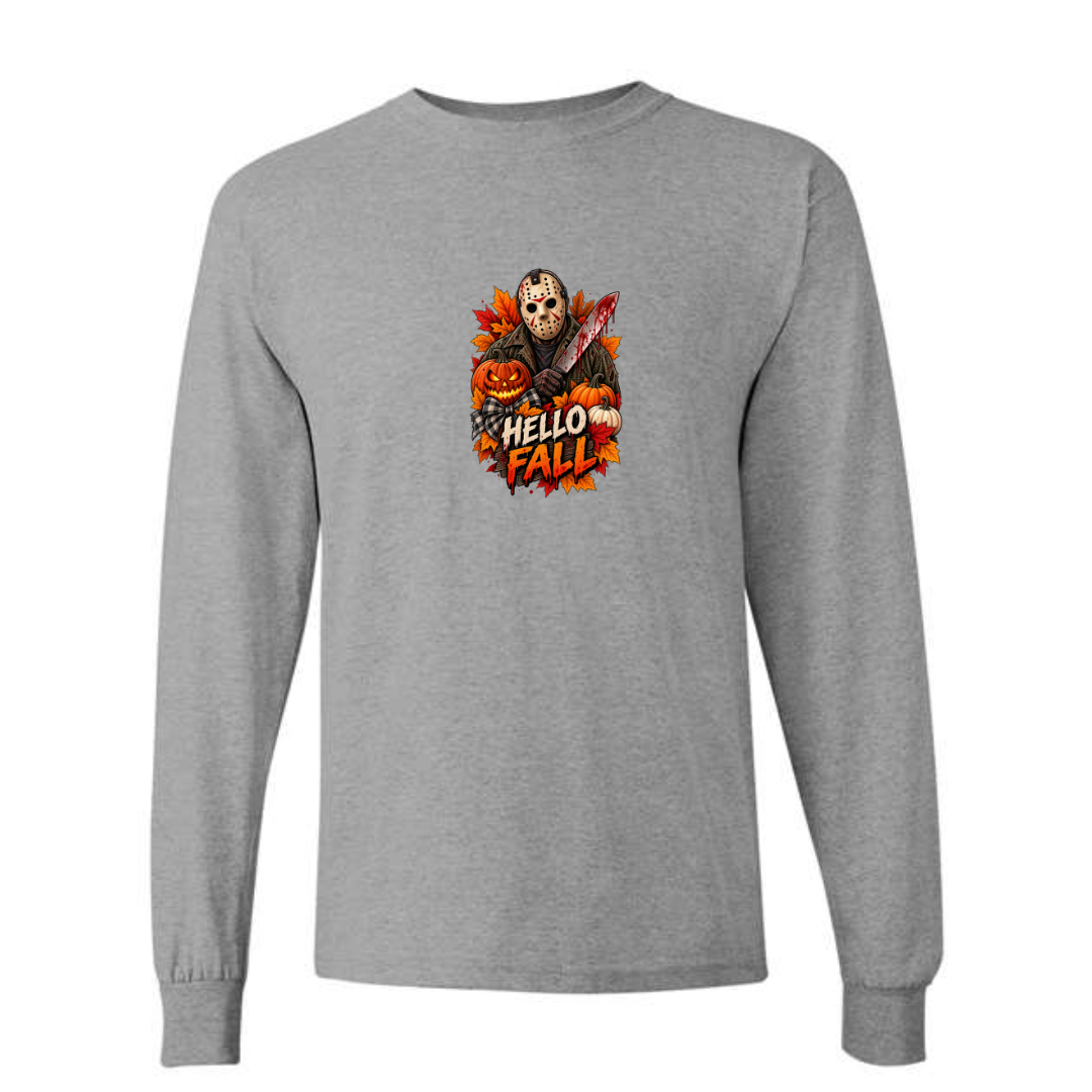 Hello Fall design on grey long sleeve tee