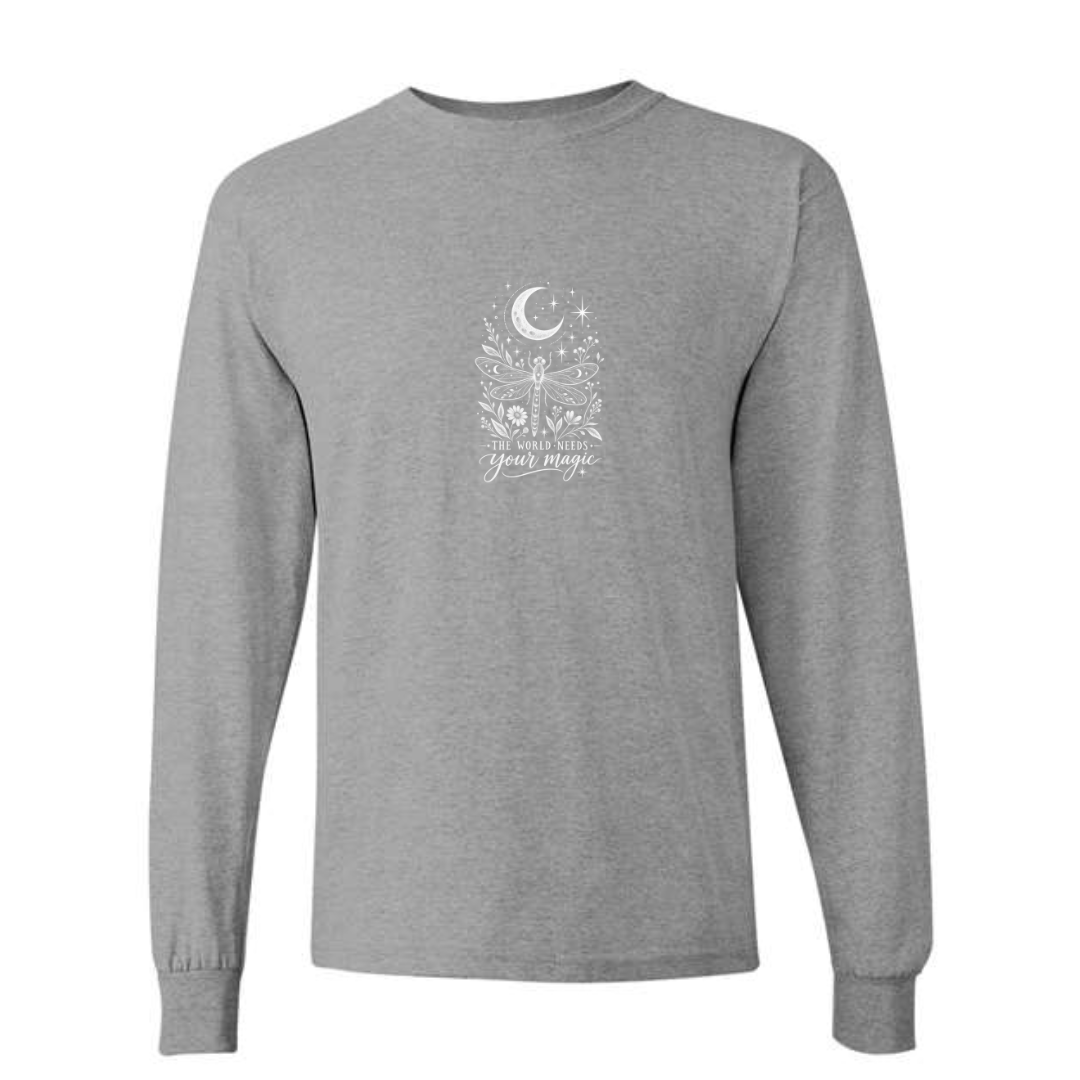 The World Needs Your Magic design on grey long sleeve tee