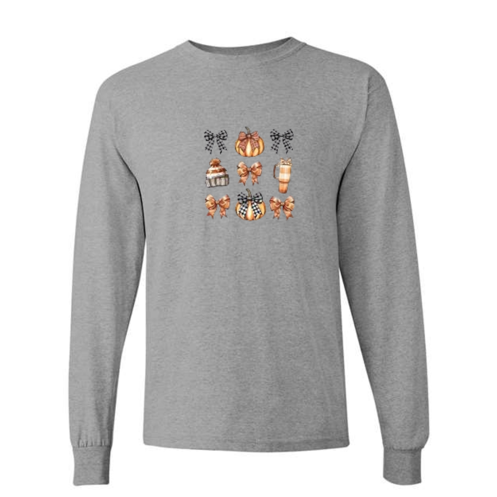 Cozy Bows and Brews design on grey long sleeve tee