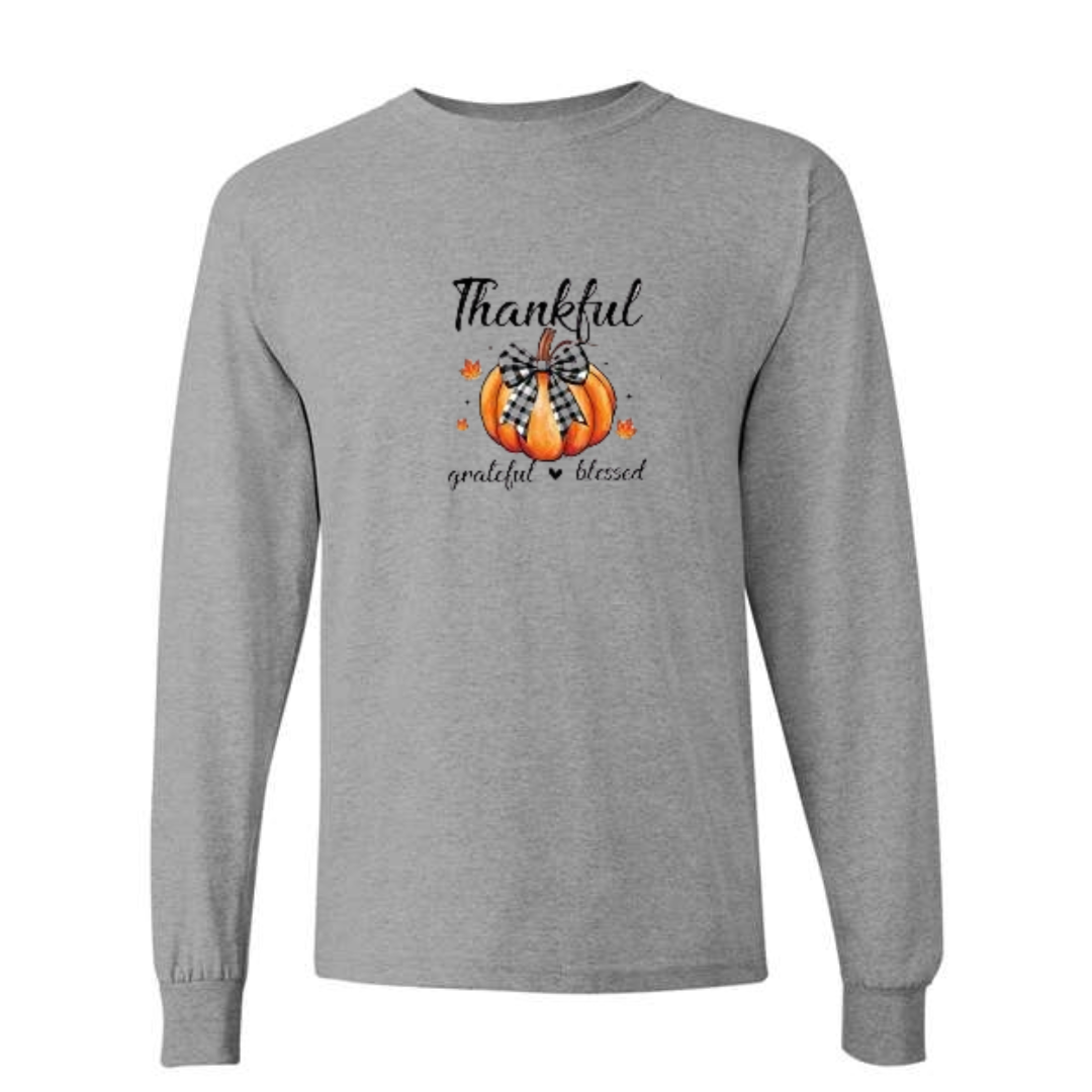 Thankful Grateful Blessed design on grey long sleeve tee