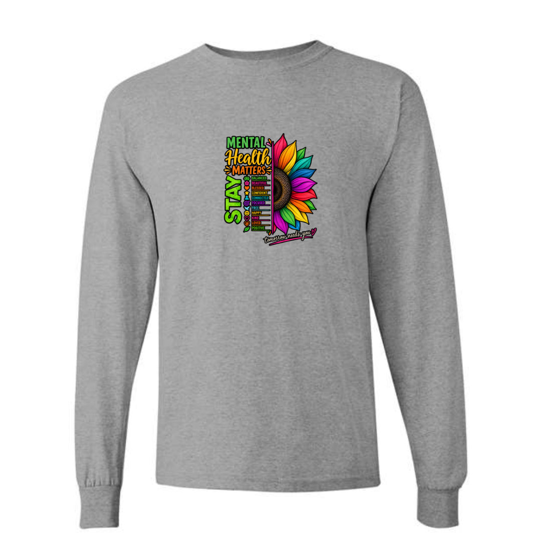Mental Health Matters — Rainbow Sunflower design on grey long sleeve tee