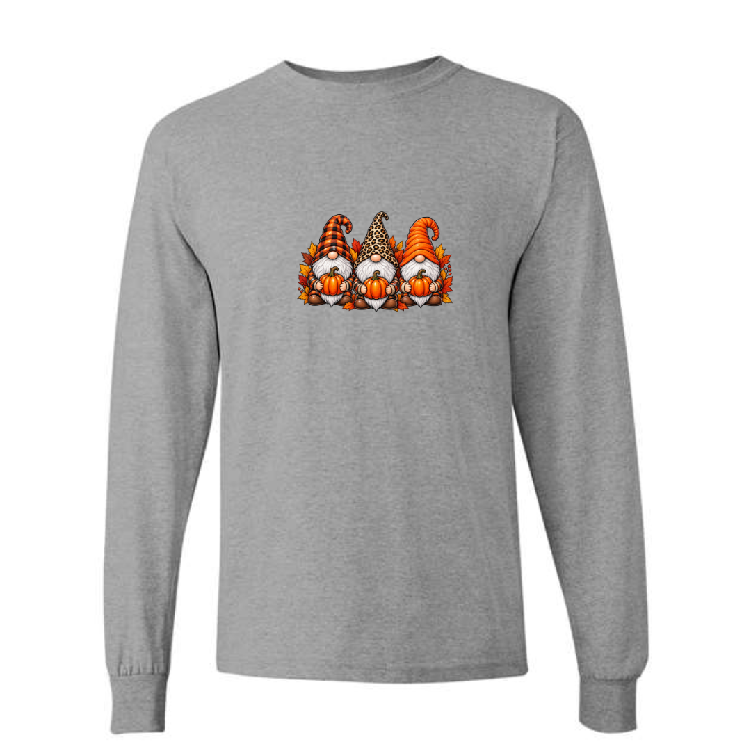 Fall Gnomes design on grey long sleeve tee