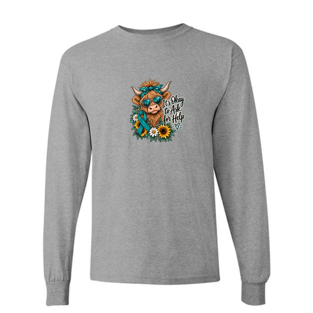 It's Okay to Ask for Help design on grey long sleeve tee
